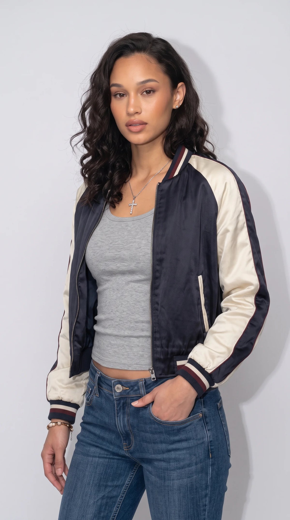 DARK NAVY BLUE STRIPED SILK-COTTON JACKET