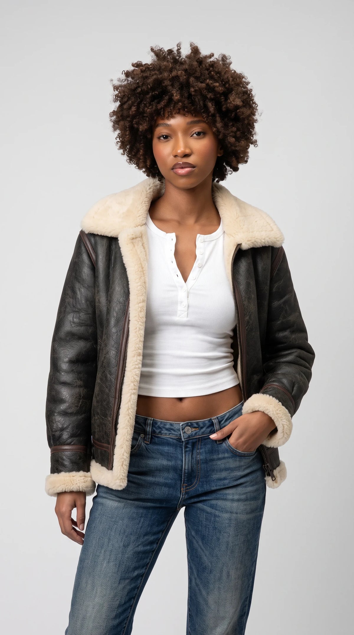 PREMIUM BLACK LEATHER AVIATOR FLIGHT JACKET WITH FAUX CREAM SHEARLING