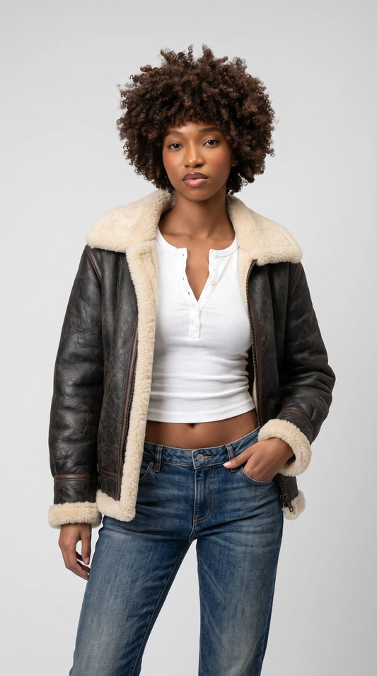 PREMIUM BLACK LEATHER AVIATOR FLIGHT JACKET WITH FAUX CREAM SHEARLING