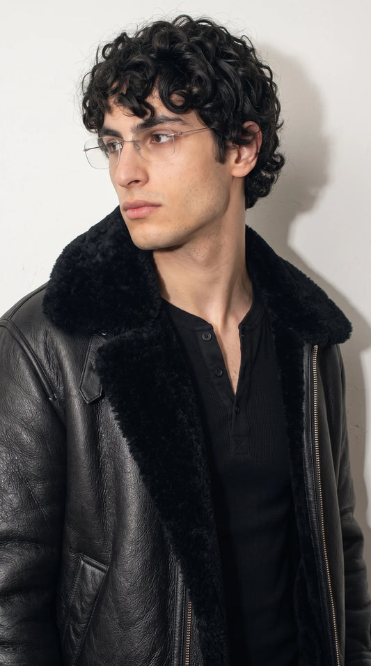 DARK BLACK LEATHER JACKET WITH SHEARLING