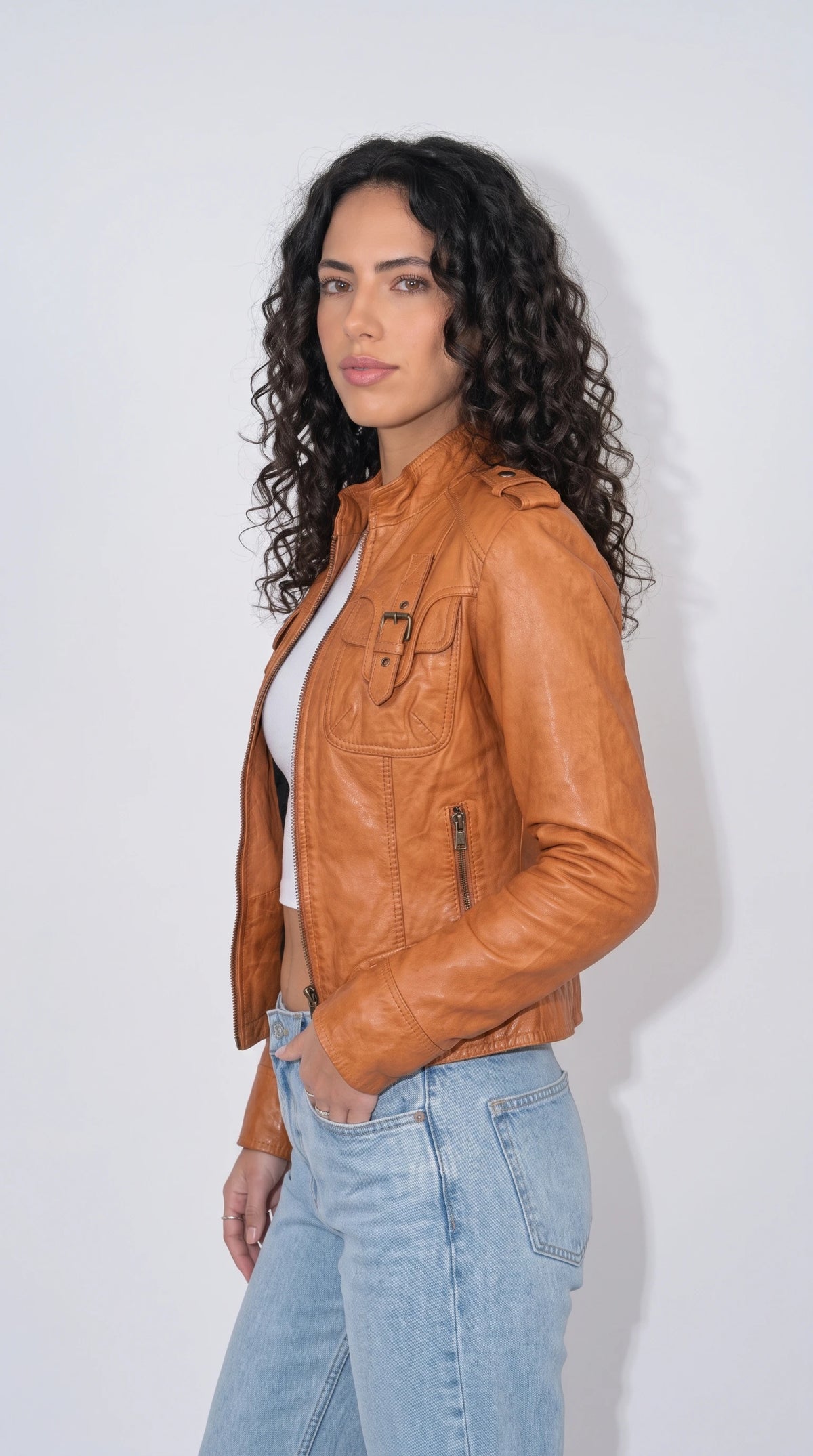 LIGHT BROWN LEATHER BIKER JACKET