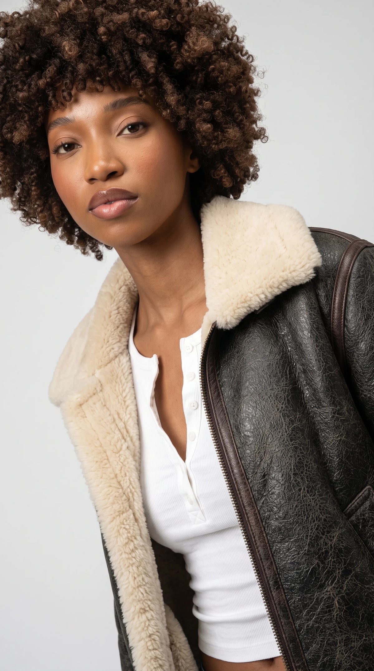 PREMIUM BLACK LEATHER AVIATOR FLIGHT JACKET WITH FAUX CREAM SHEARLING