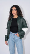 DARK GREEN WITH WHITE STRIPED OVERSIZED LEATHER JACKET