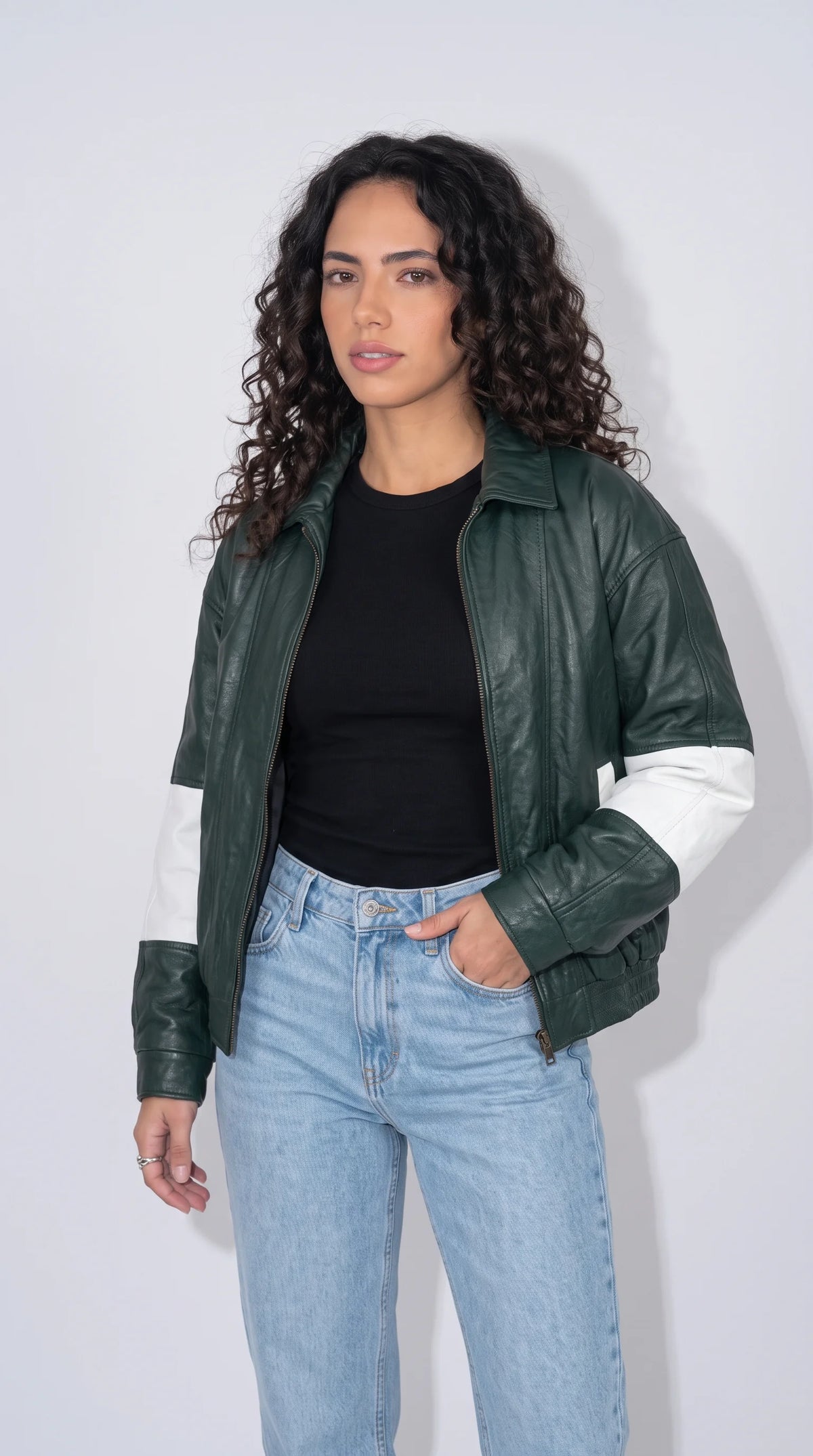 DARK GREEN WITH WHITE STRIPED OVERSIZED LEATHER JACKET