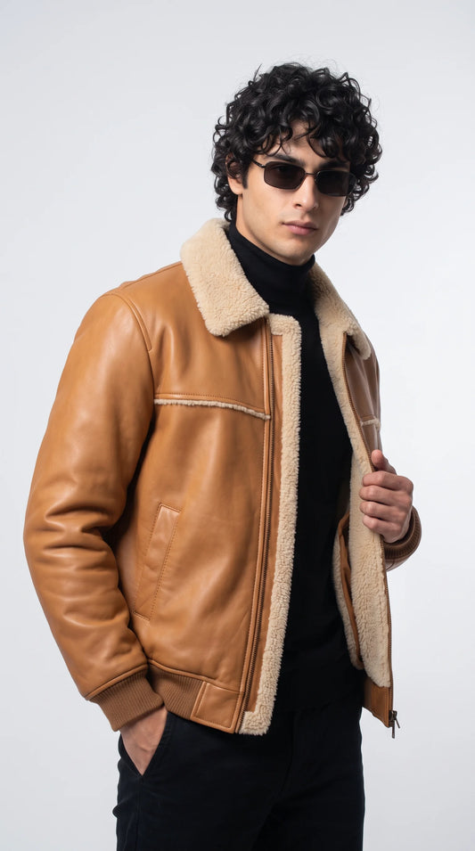 LIGHT TAN LEATHER JACKET WITH CREAM SHEARLING