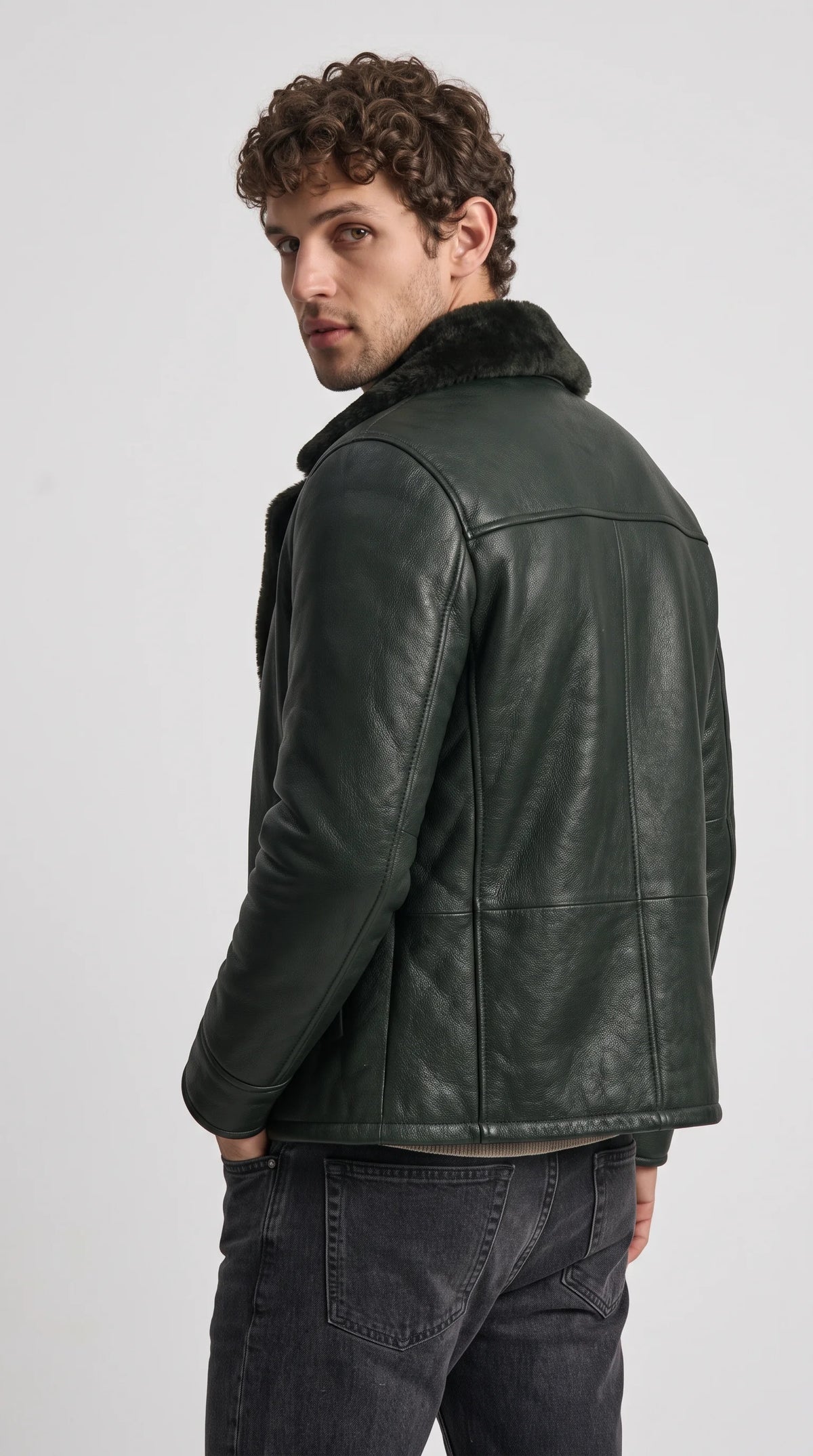 BLACK LEATHER PEACOAT WITH BLACK SHEARLING
