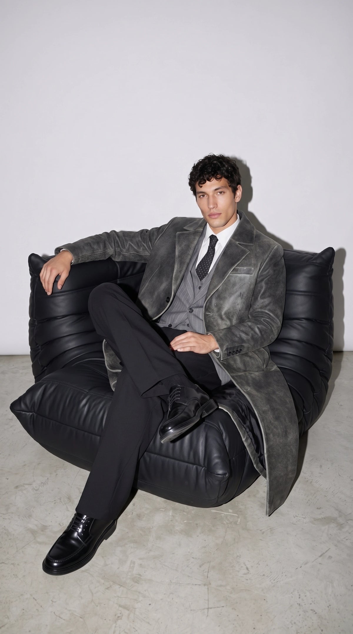 DARK GREY DISTRESSED LEATHER OVERCOAT