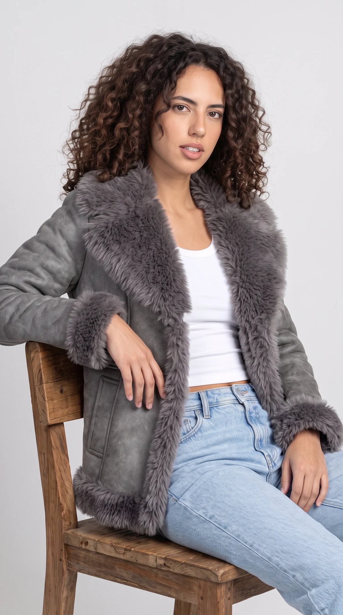 DARK GREY SUEDE AVIATOR FLIGHT JACKET WITH DARK GREY FAUX SHEARLING