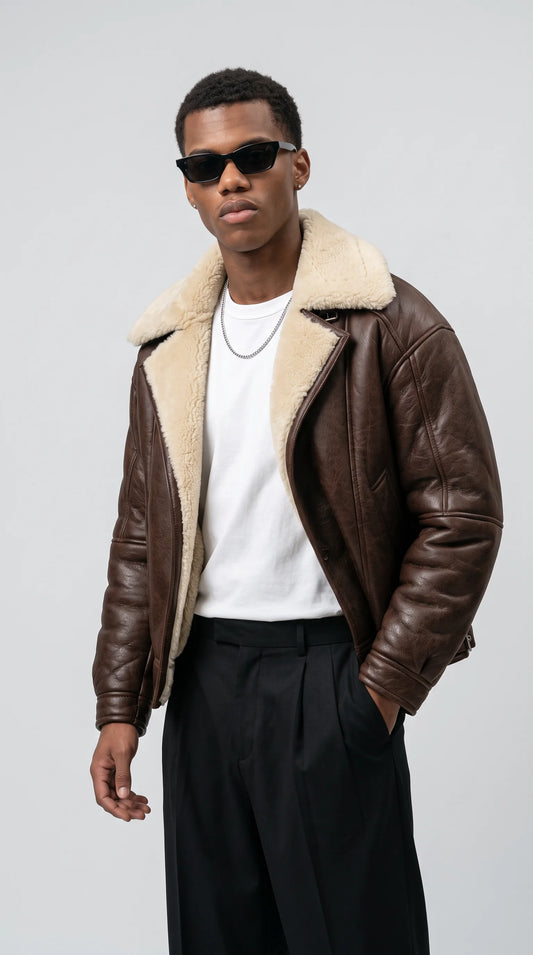 DARK BROWN LEATHER AVIATOR JACKET WITH CREAM SHEARLING