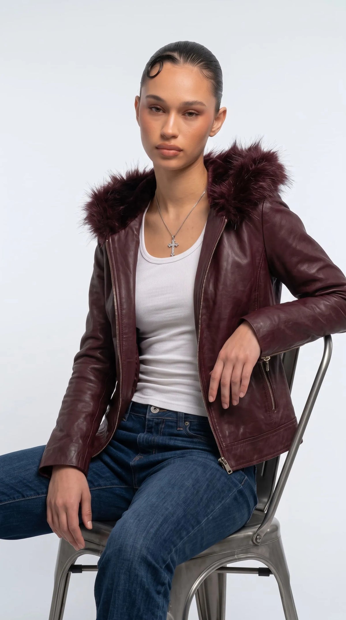 DARK RED VINE LEATHER BAGGY OVERSIZED JACKET WITH BLACK FUR
