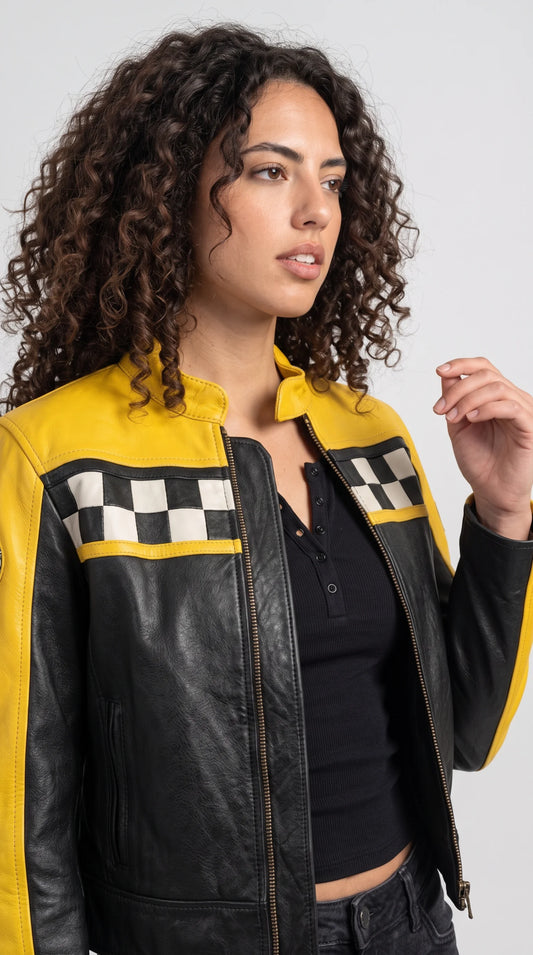 BOLD BLACK AND YELLOW LEATHER CAFE RACER JACKET