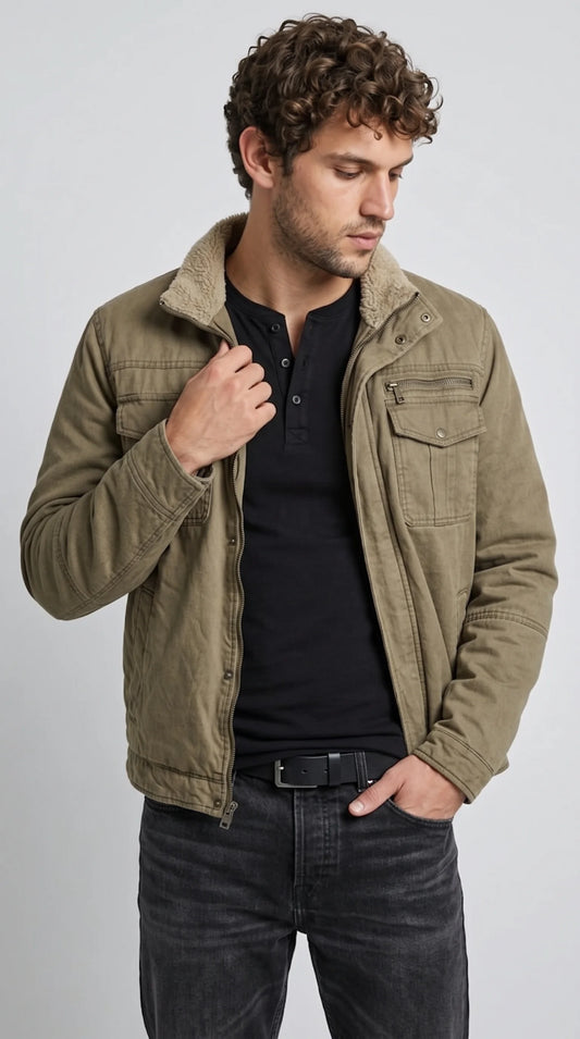 OLIVE COTTON SHEARLING JACKET