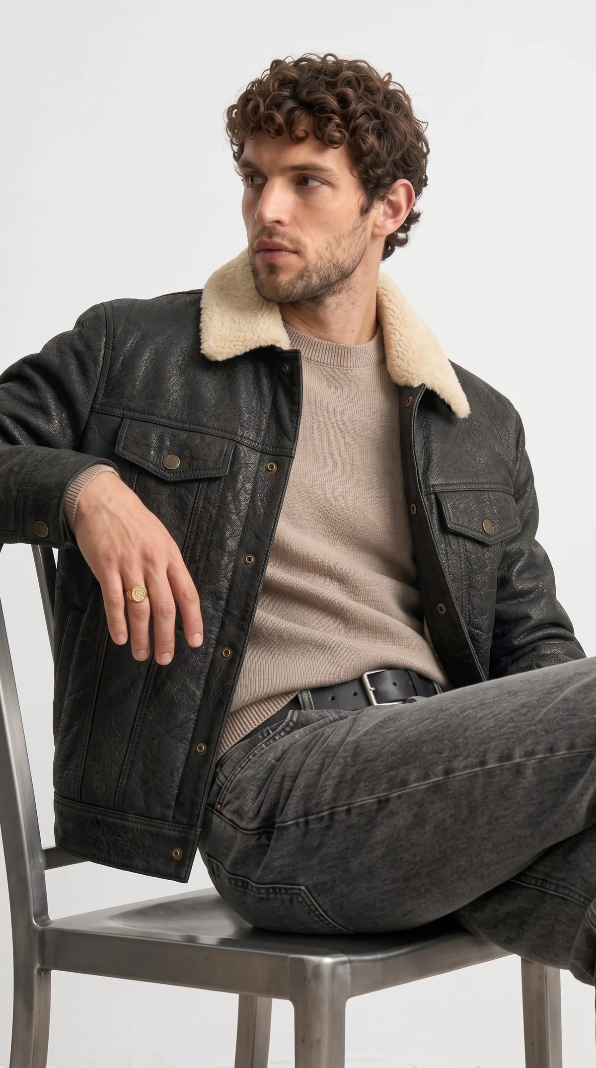 BLACK LEATHER TRUCKER JACKET WITH CREAM SHEARLING COLLAR