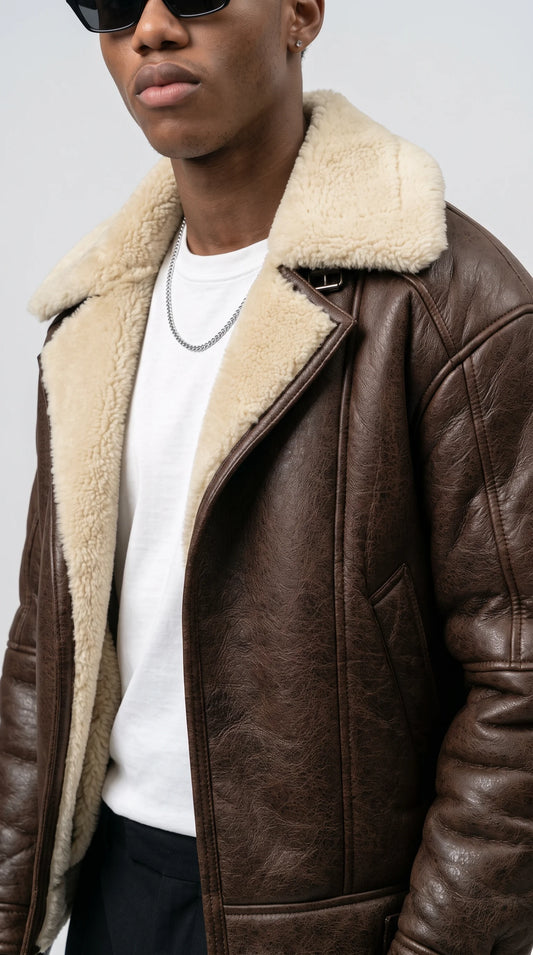 DARK BROWN LEATHER AVIATOR JACKET WITH CREAM SHEARLING