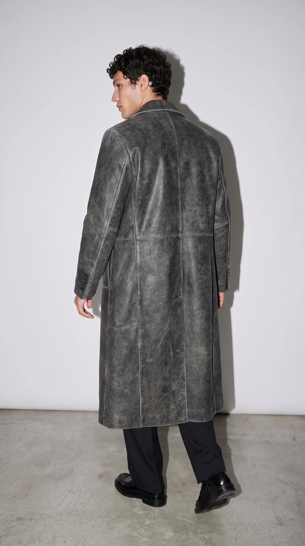DARK GREY DISTRESSED LEATHER OVERCOAT