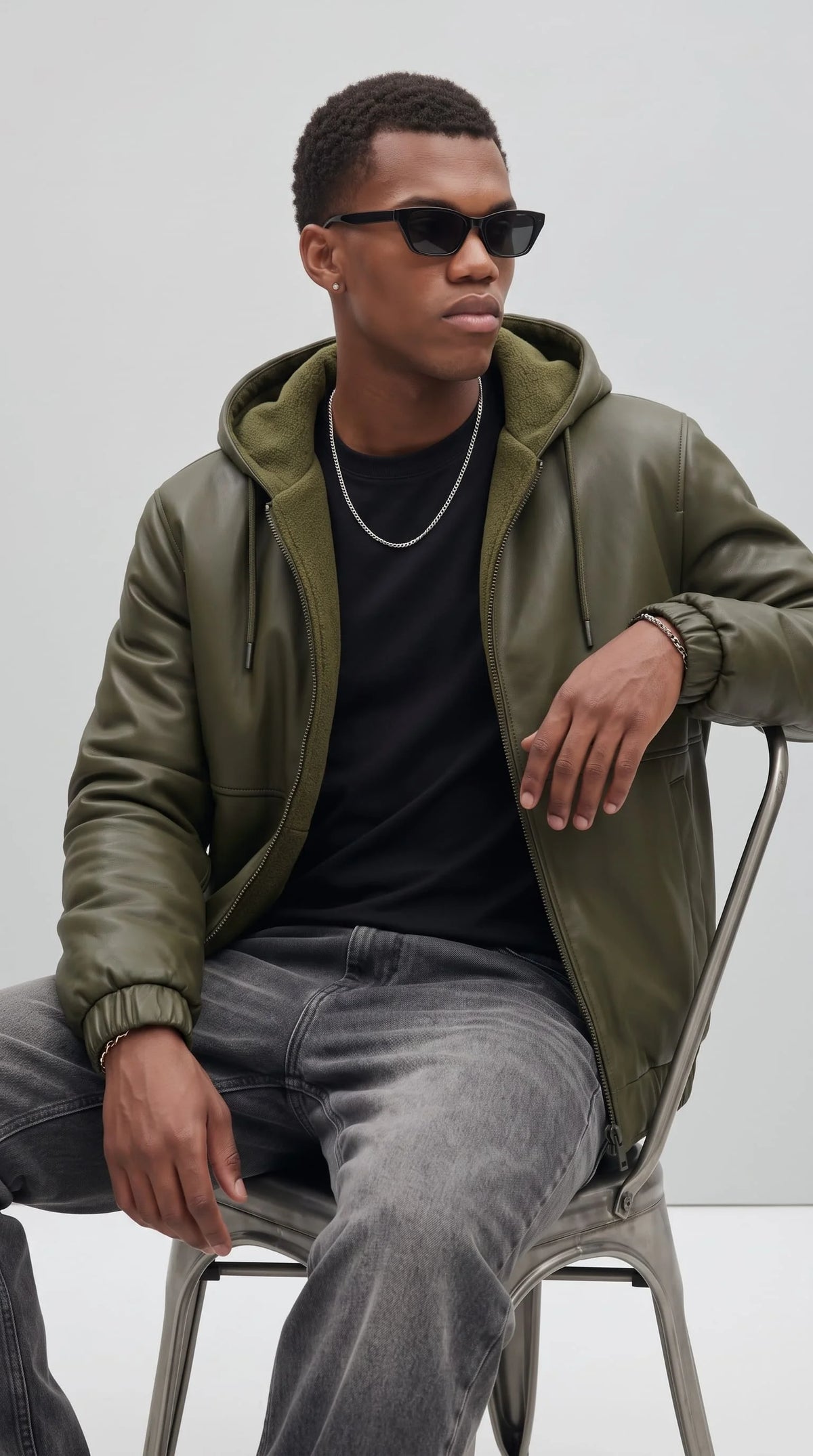 DARK GREEN LEATHER BOMBER JACKET WITH SHEARLING-LINED HOOD
