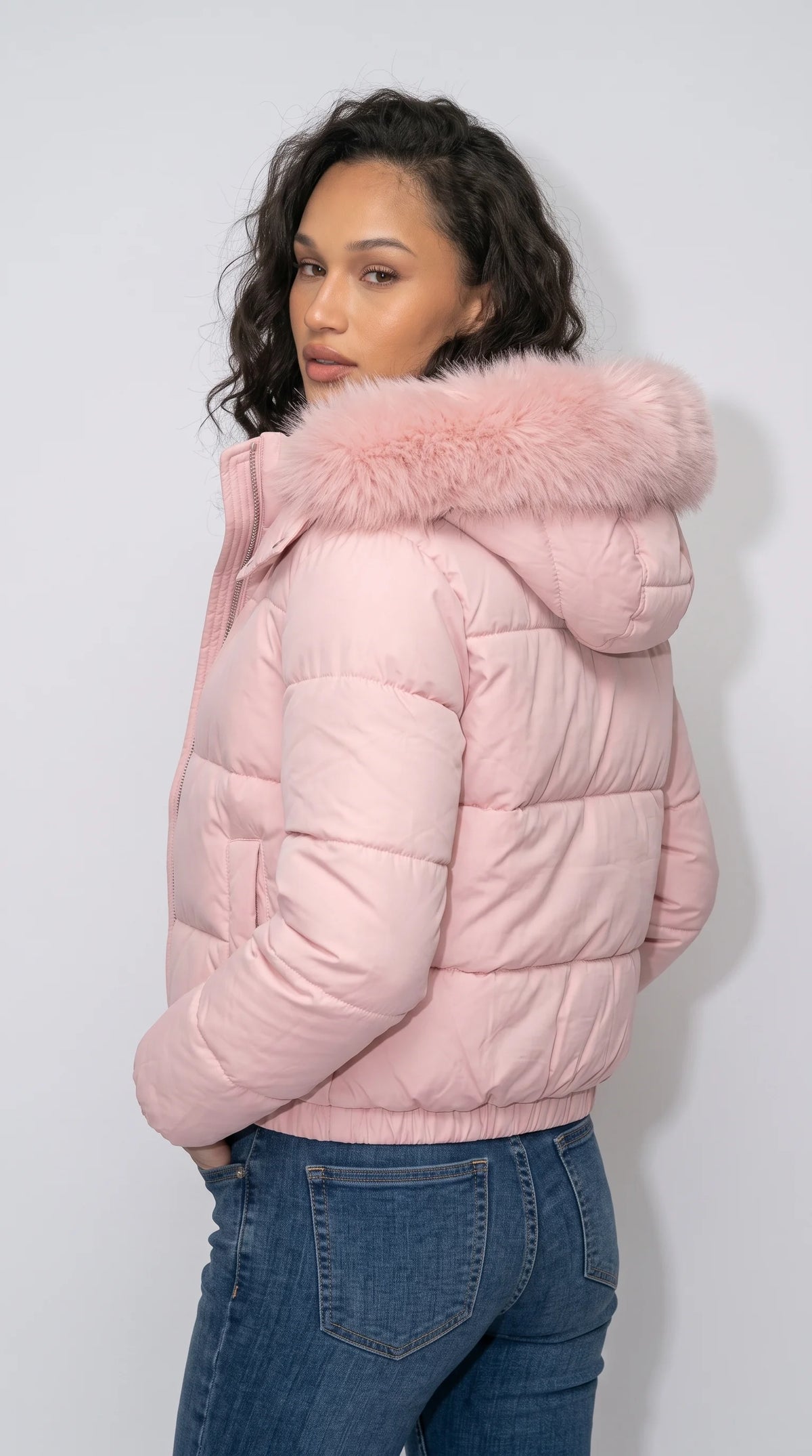 BABY PINK PUFFER JACKET WITH FUR  HOOD