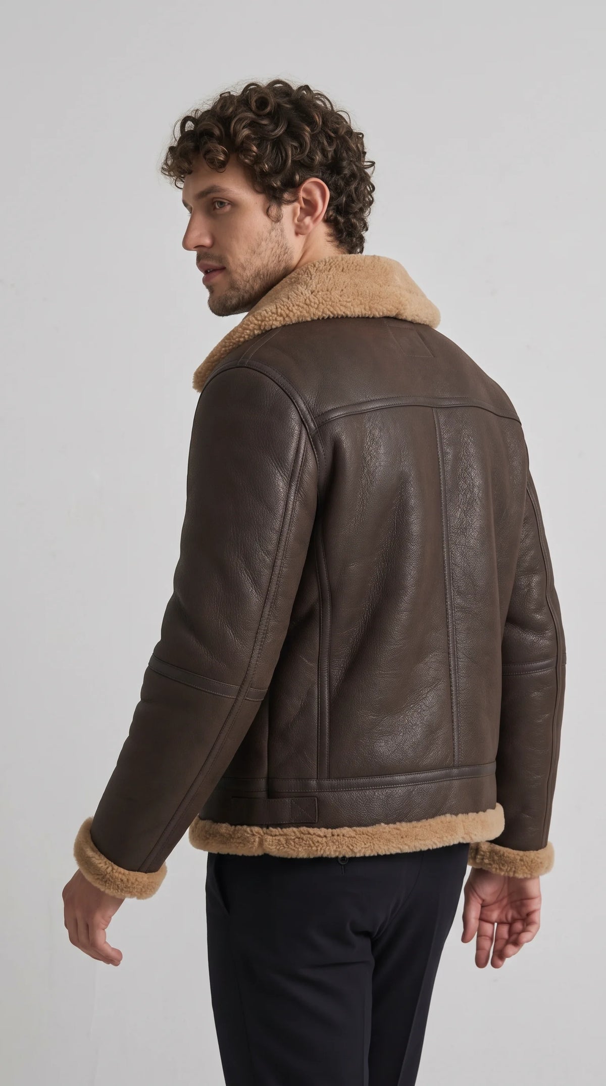 DARK BROWN LEATHER AVIATOR JACKET WITH TAN SHEARLING