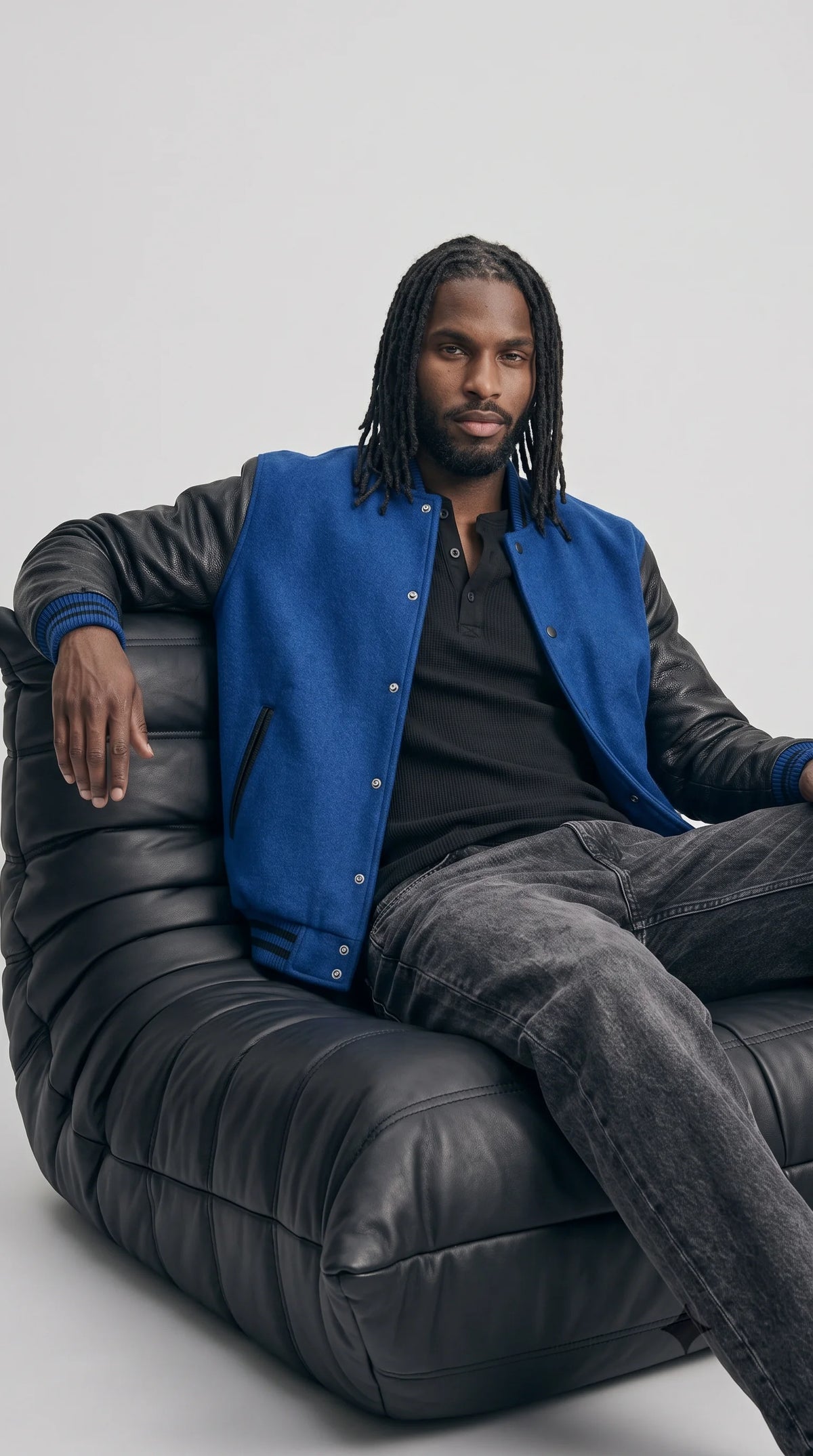 BLUE SUEDE & BLACK LEATHER VARSITY JACKET