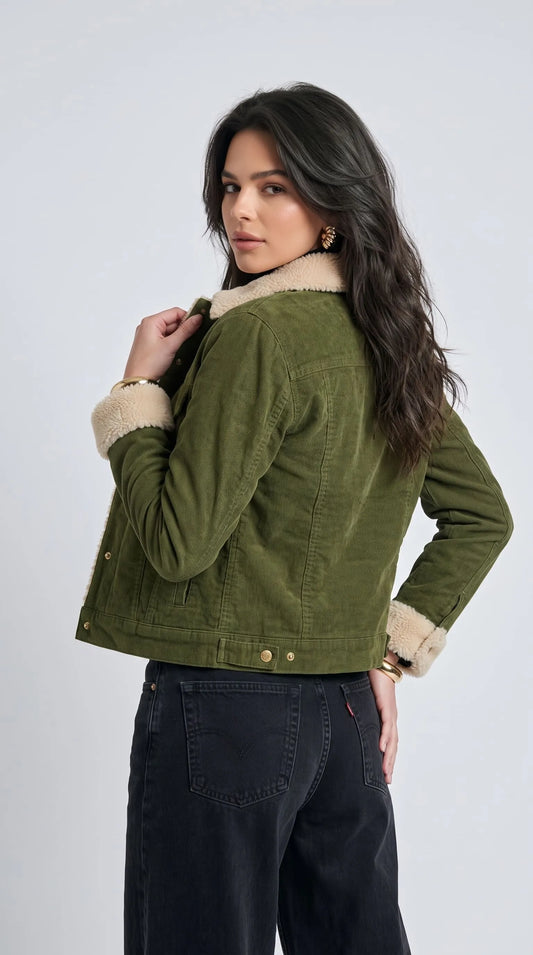 OLIVE SUEDE DENIM JACKET WITH OFF-WHITE FAUX SHEARLING