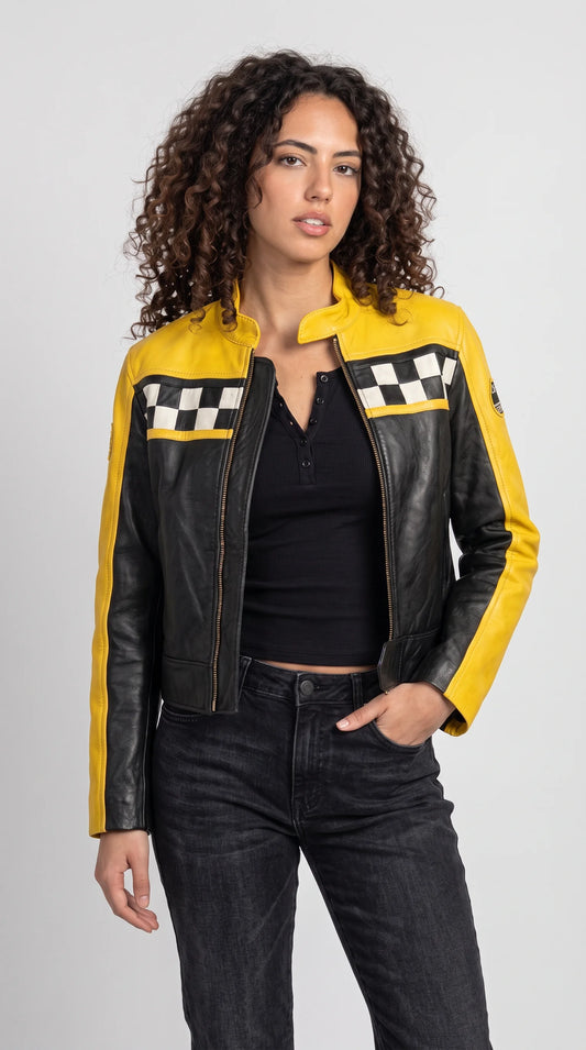 BOLD BLACK AND YELLOW LEATHER CAFE RACER JACKET