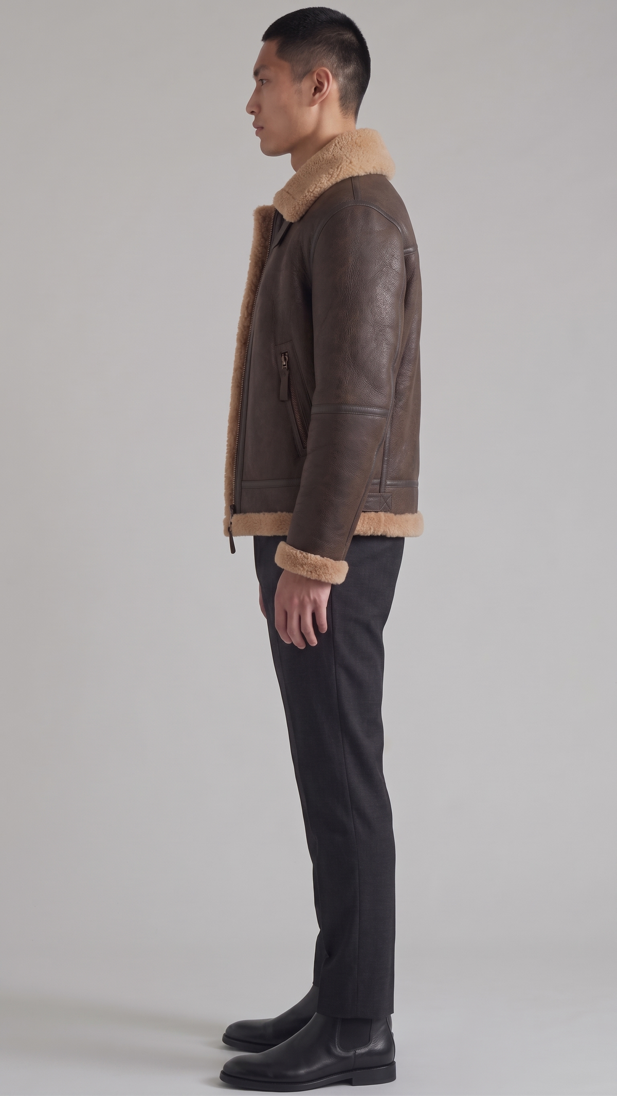 DARK BROWN LEATHER AVIATOR JACKET WITH TAN SHEARLING