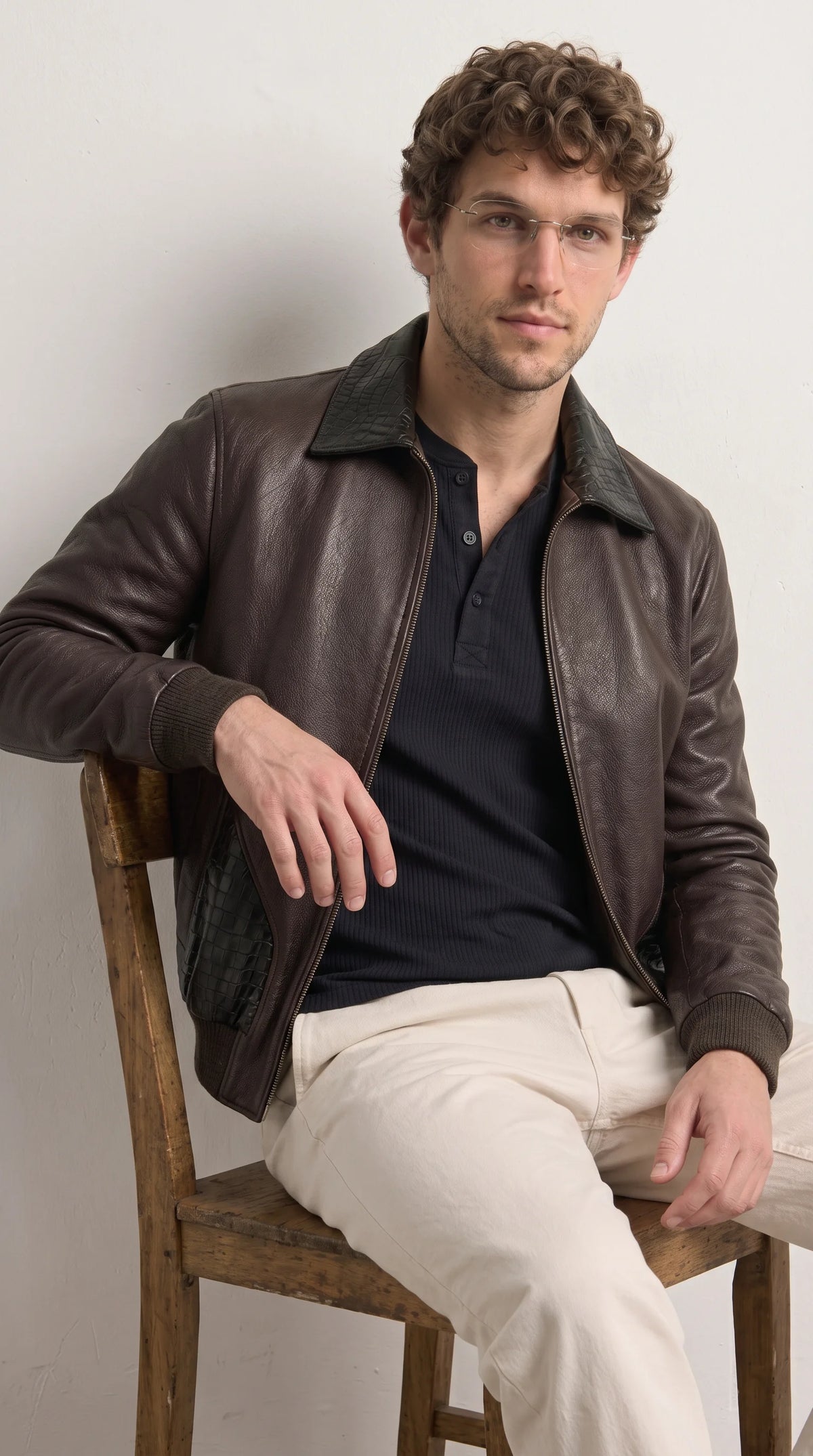 DARK BROWN LEATHER AND BLACK CROCODILE LEATHER JACKET