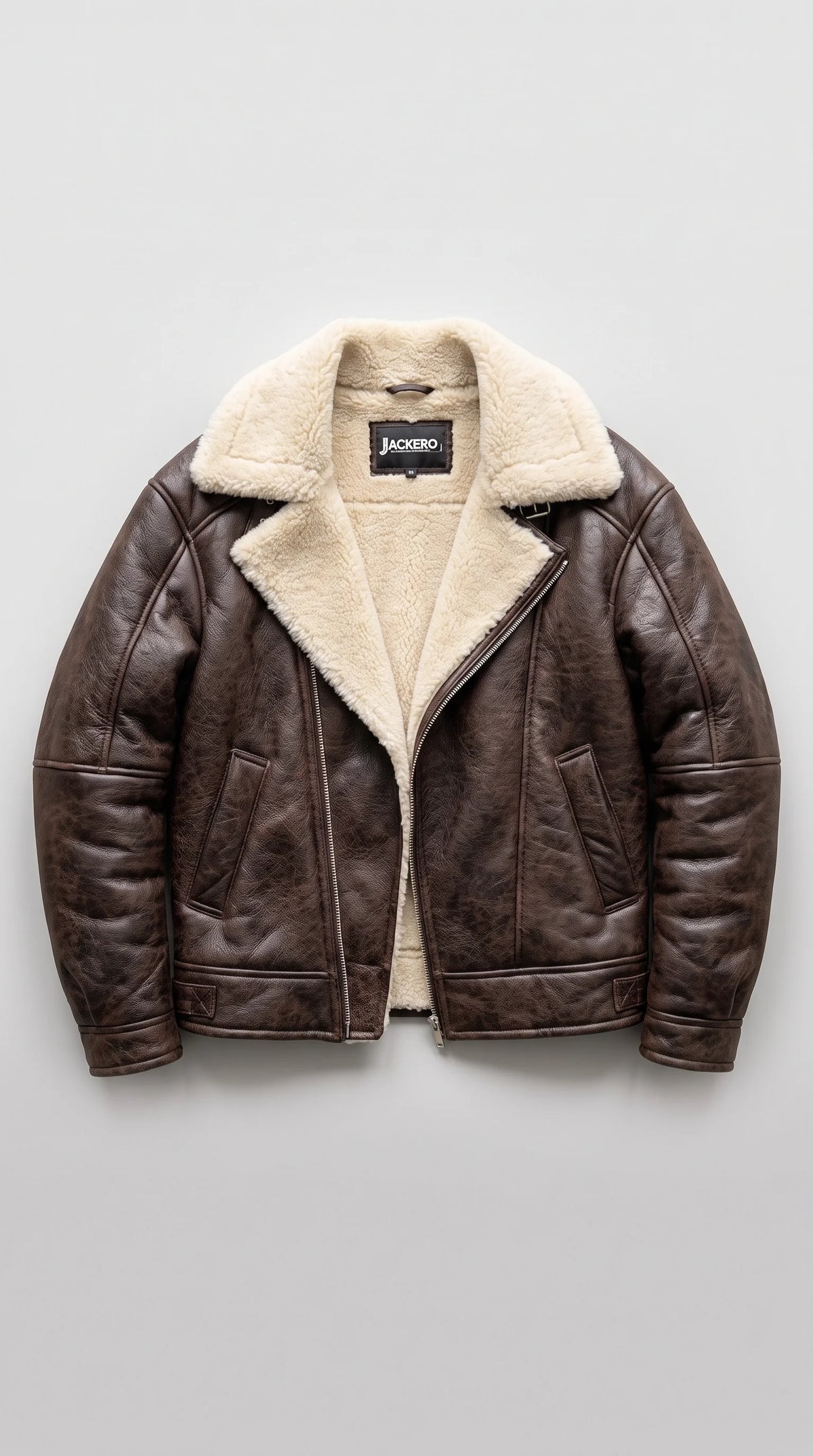 DARK BROWN LEATHER AVIATOR JACKET WITH CREAM SHEARLING