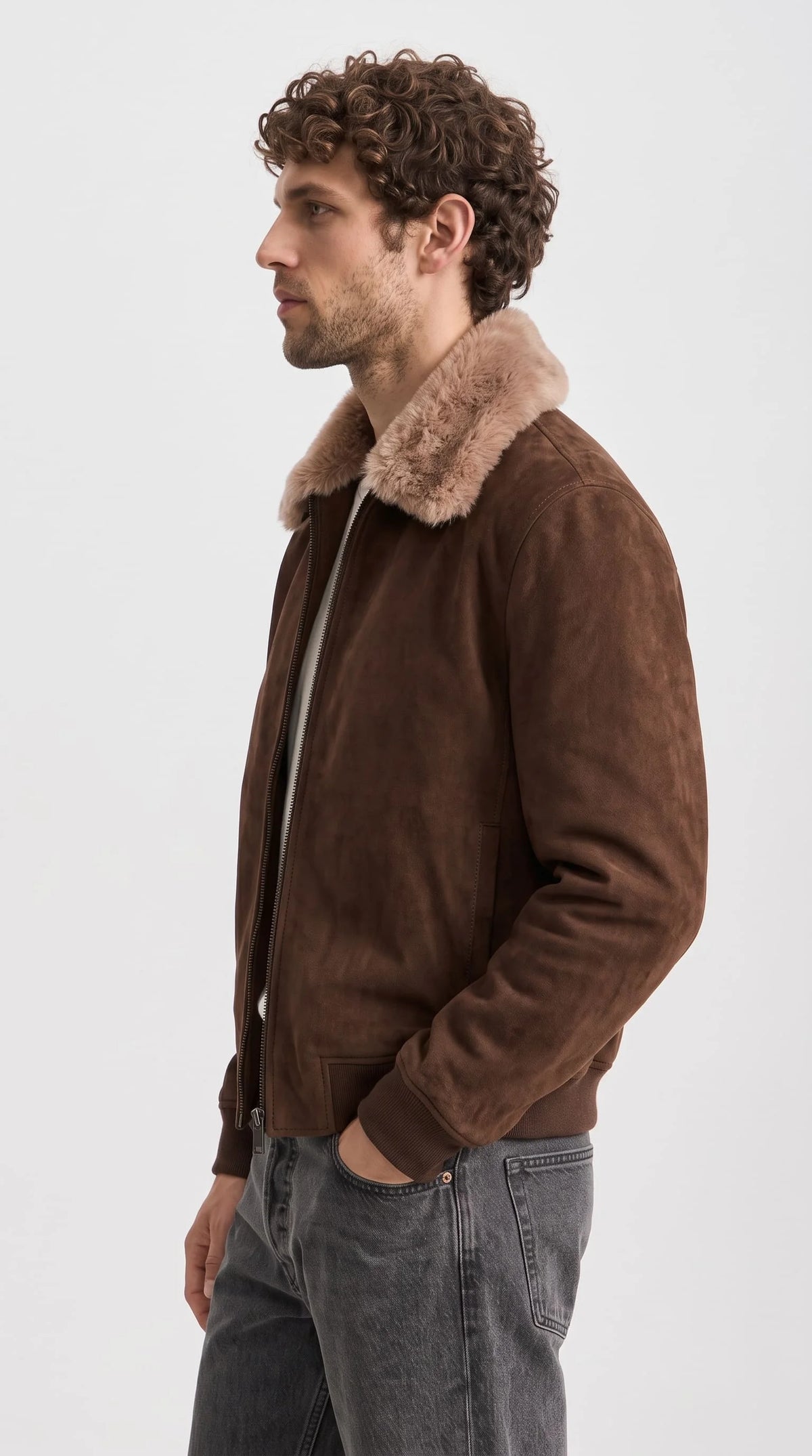 DARK BROWN JACKET WITH SHEARLING COLLAR