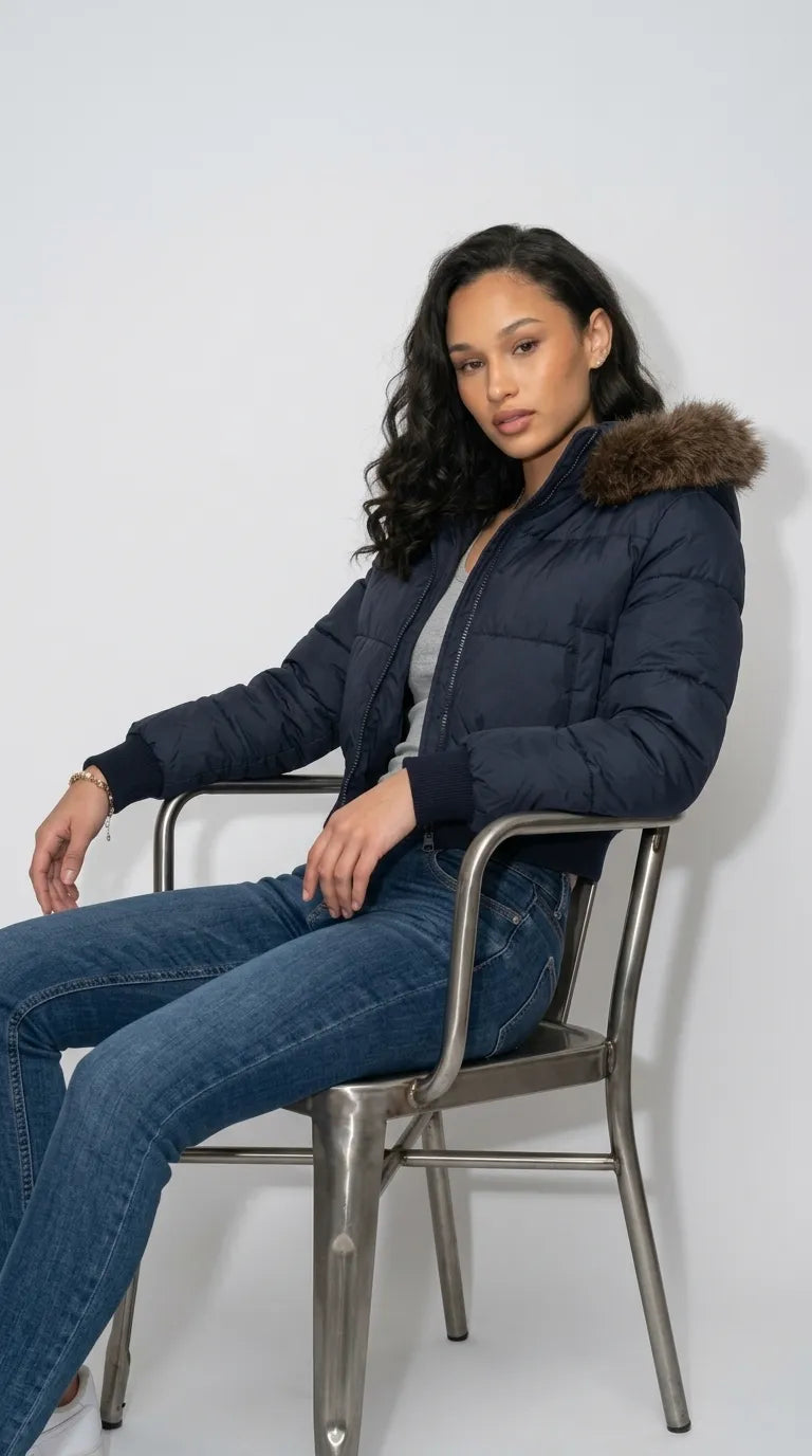 DARK NAVY PUFFER HIGH-WAIST CROPPED JACKET WITH FUR HOOD