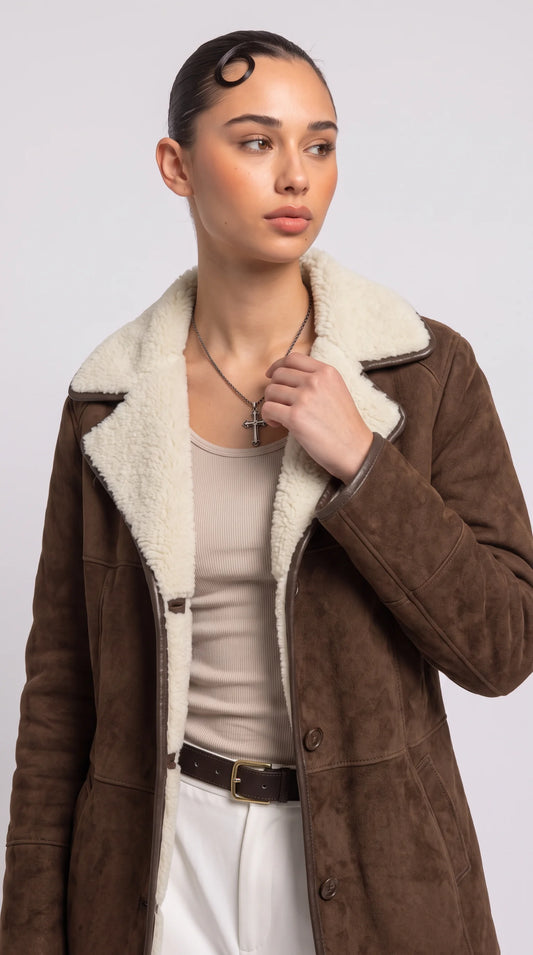 DARK CHOCOLATE BROWN SUEDE AVIATOR FLIGHT COAT WITH SHEARLING