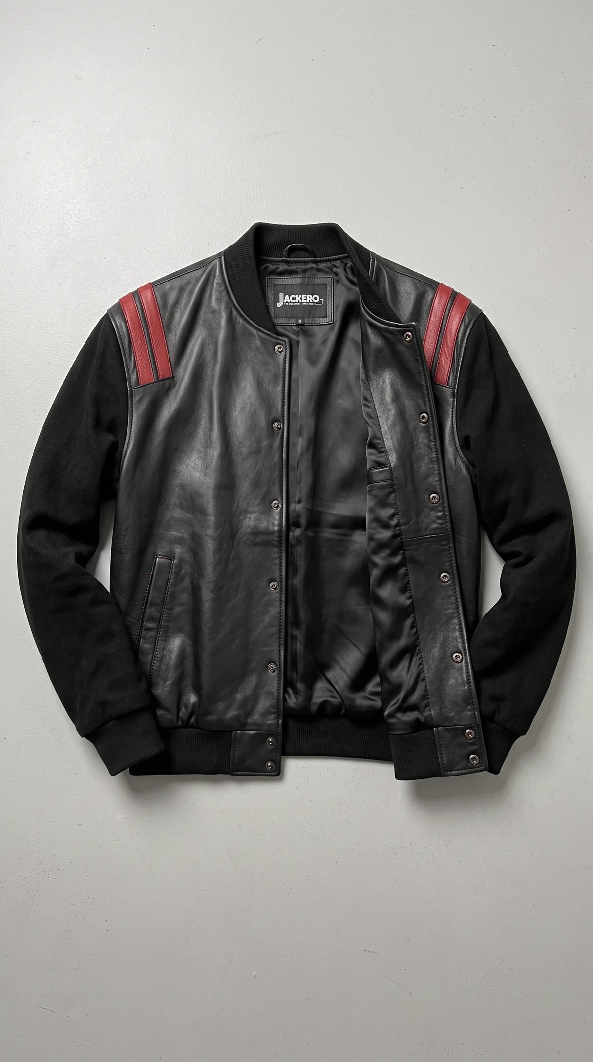 BLACK AND RED LEATHER BOMBER JACKET