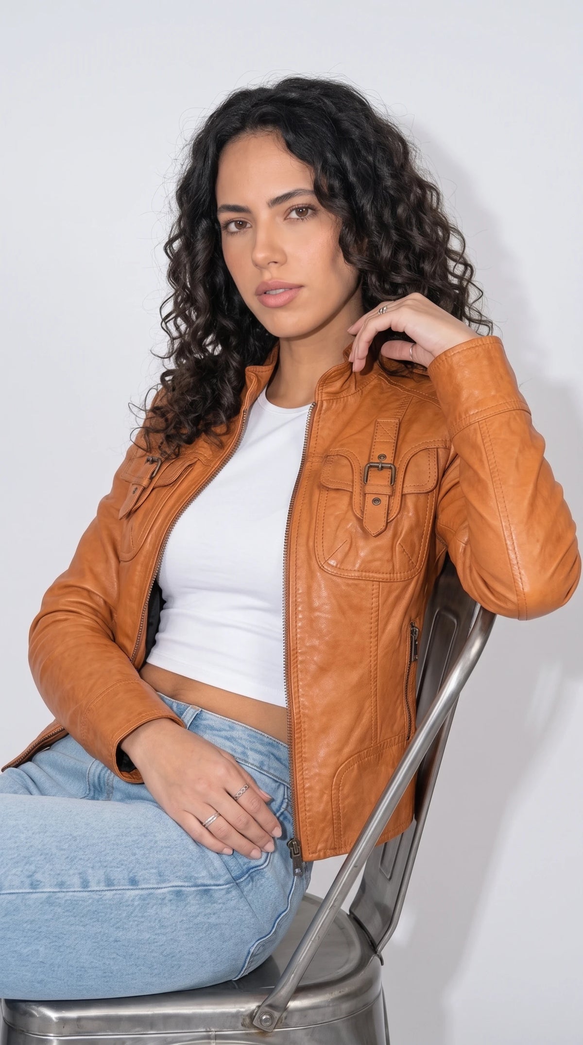 LIGHT BROWN LEATHER BIKER JACKET