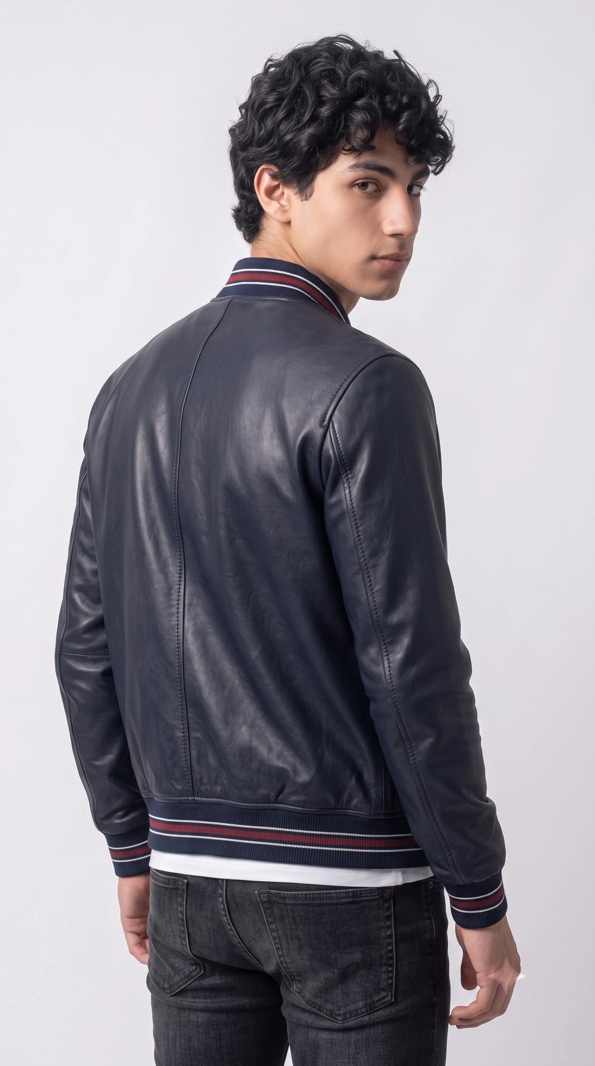 DARK BLUE LEATHER BOMBER JACKET