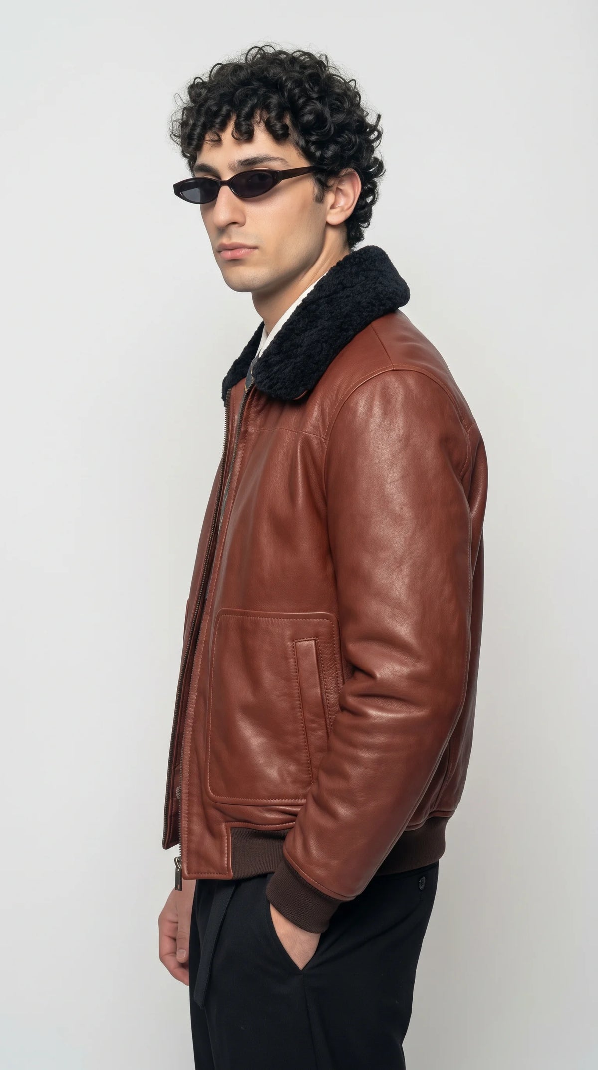 COGNAC LEATHER AVIATOR JACKET WITH BLACK SHEARLING