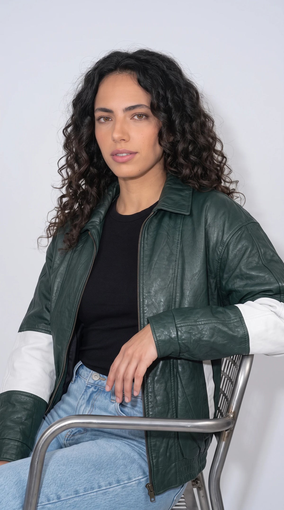 DARK GREEN WITH WHITE STRIPED OVERSIZED LEATHER JACKET