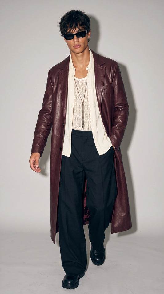 DARK RED VINE LONG LEATHER COAT