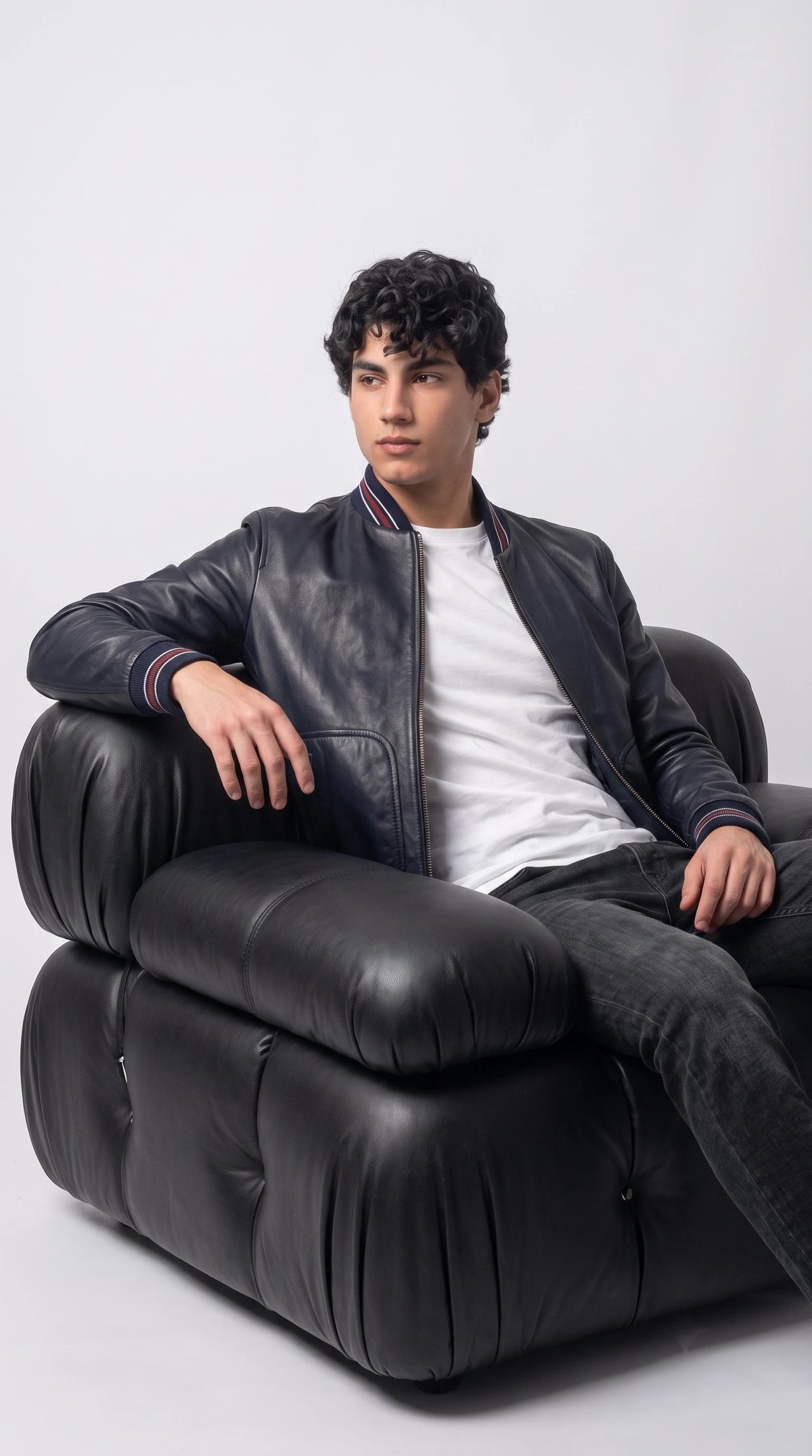 DARK BLUE LEATHER BOMBER JACKET