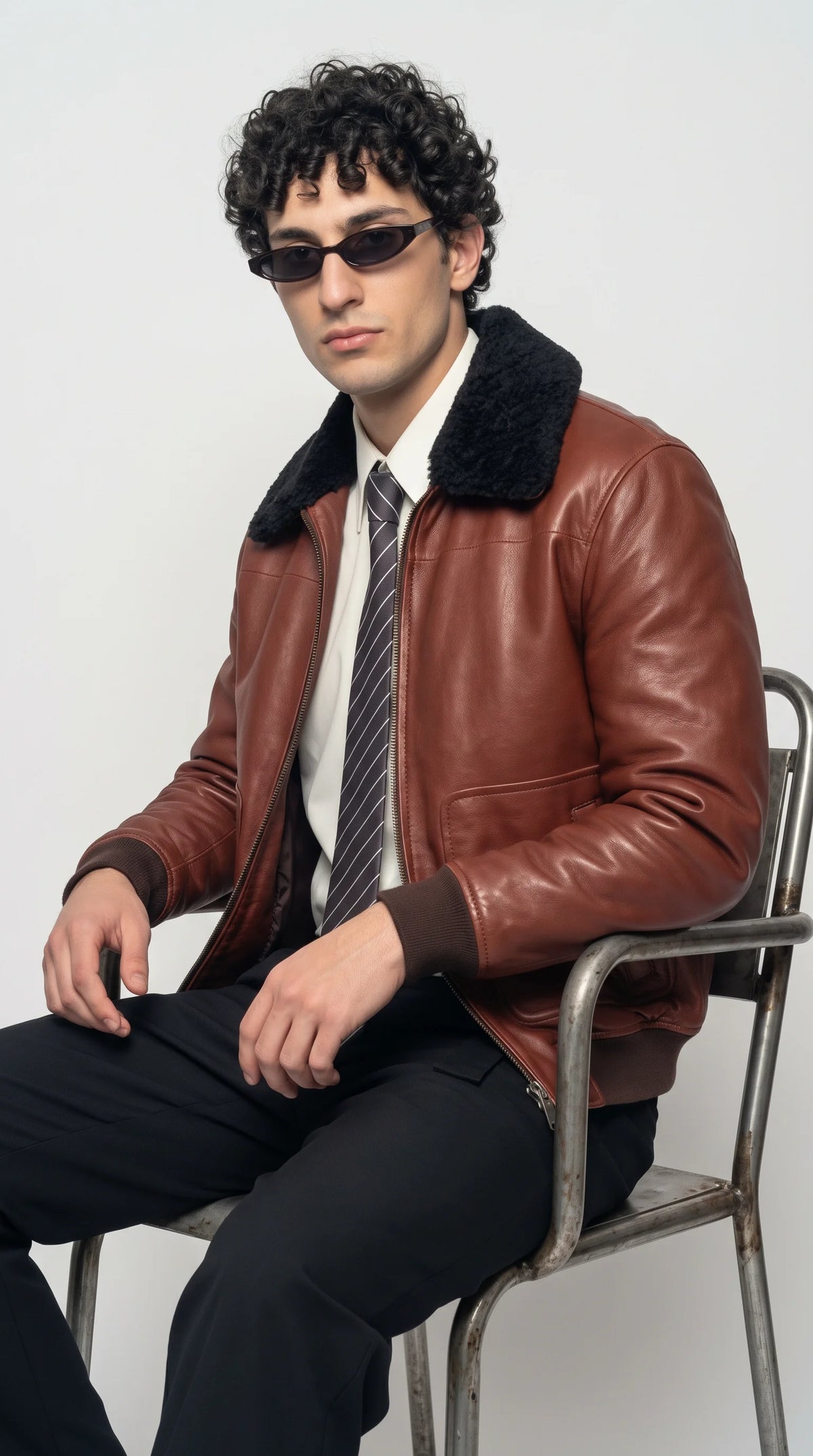 COGNAC LEATHER AVIATOR JACKET WITH BLACK SHEARLING