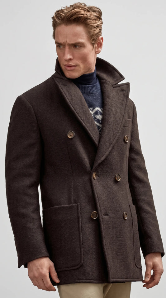 DARK BROWN LONG WOOL PEA-COAT