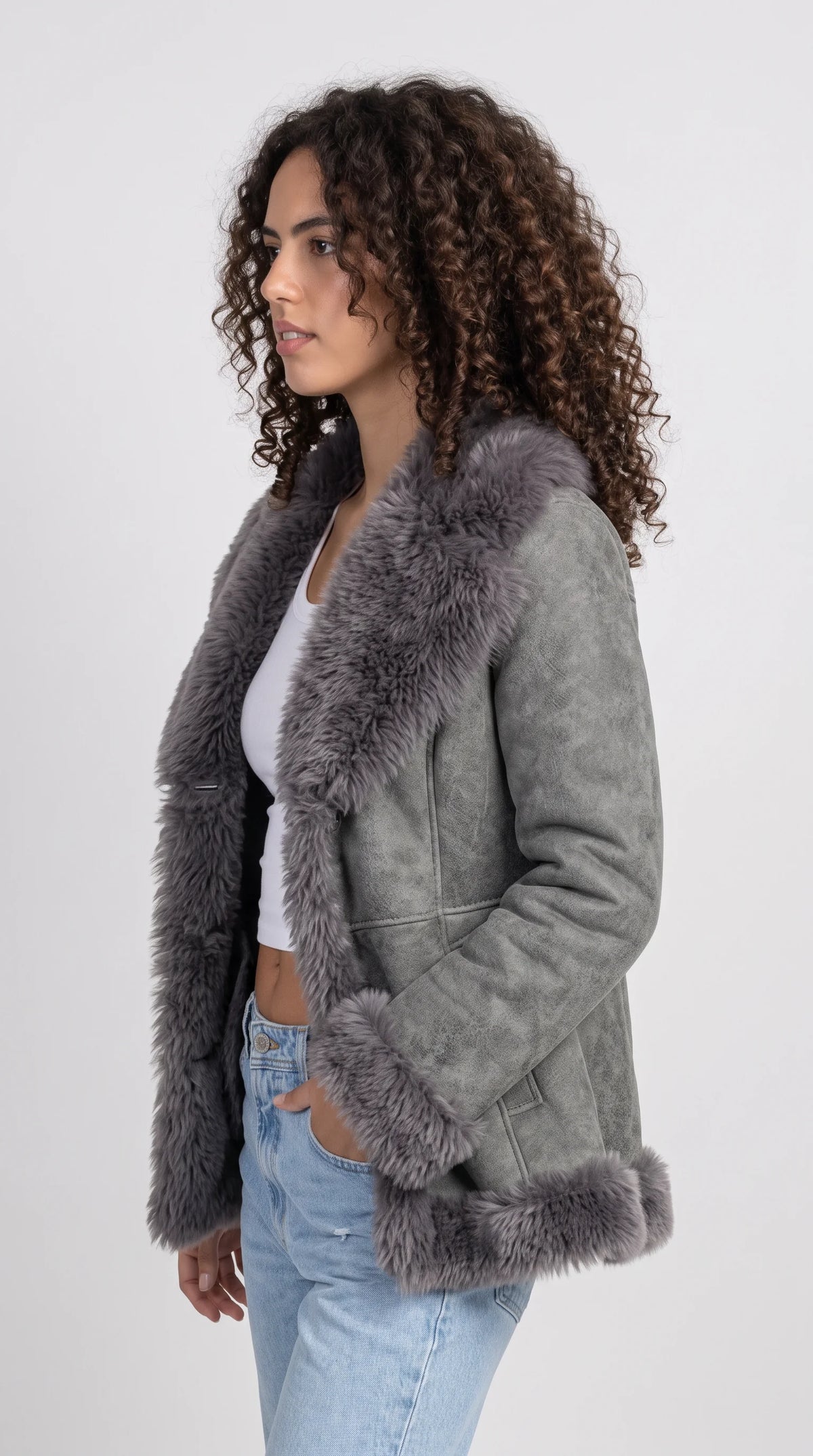 DARK GREY SUEDE AVIATOR FLIGHT JACKET WITH DARK GREY FAUX SHEARLING