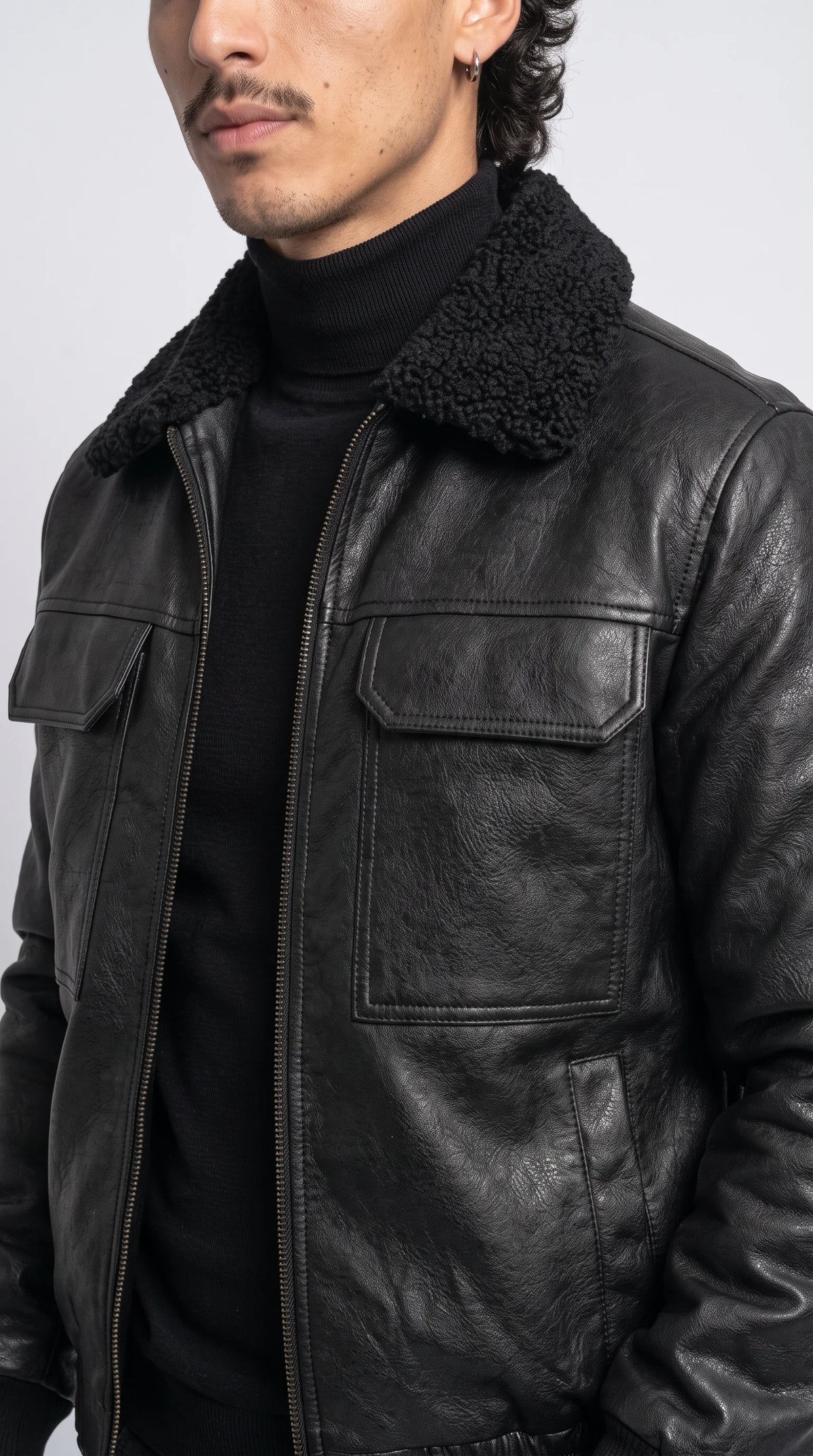 BLACK LEATHER JACKET WITH BLACK SHEARLING