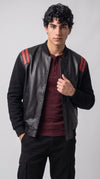 BLACK AND RED LEATHER BOMBER JACKET