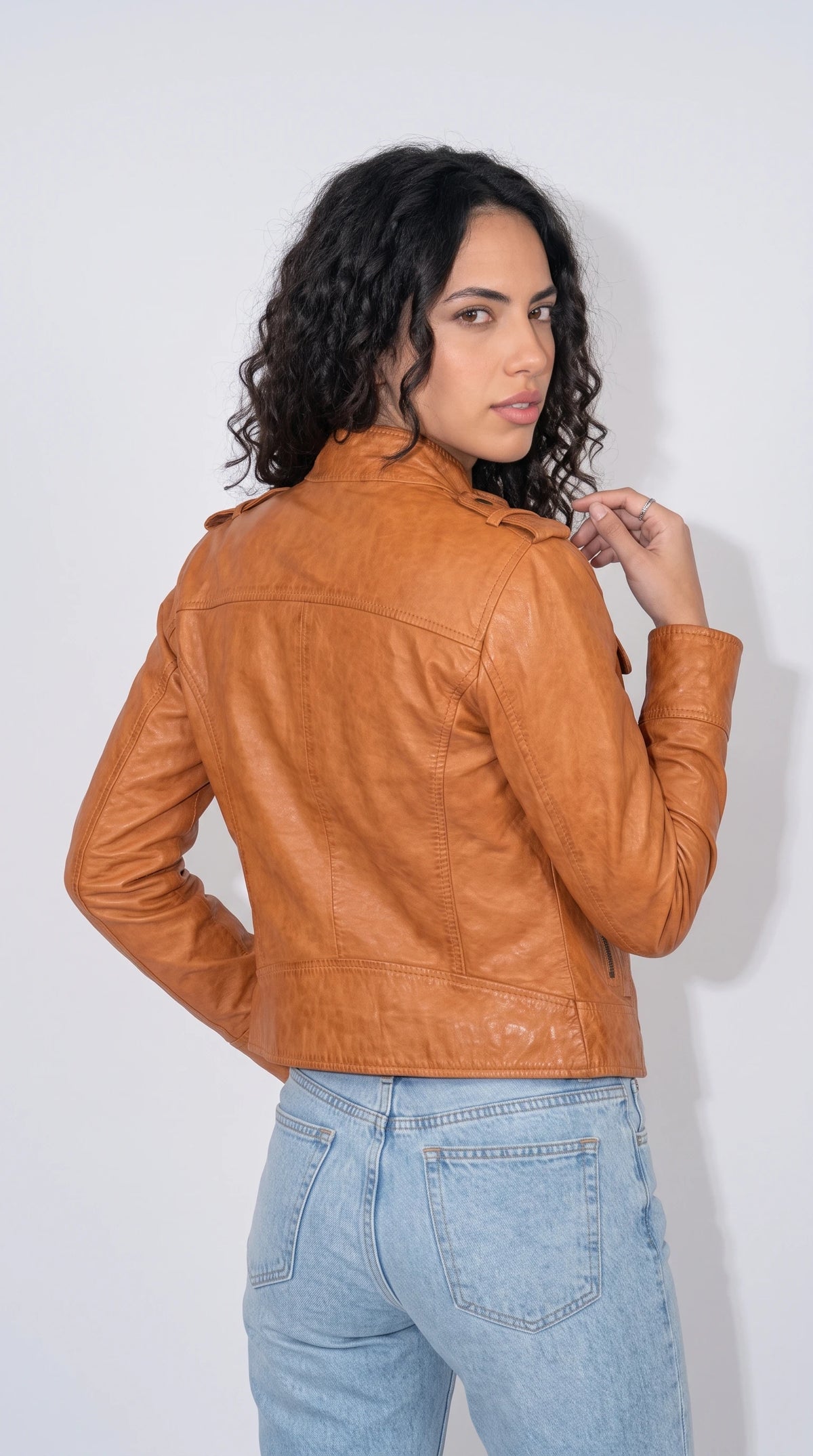LIGHT BROWN LEATHER BIKER JACKET