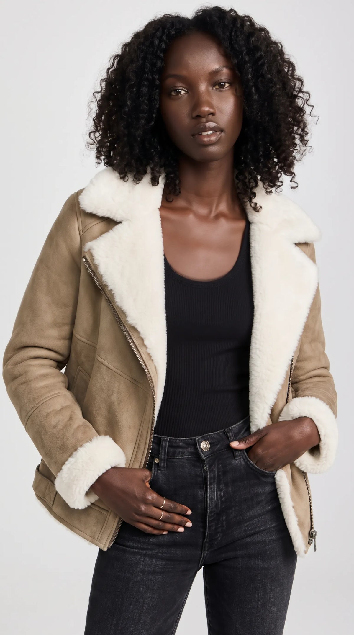BEIGE SUEDE AVIATOR FLIGHT JACKET WITH SHEARLING