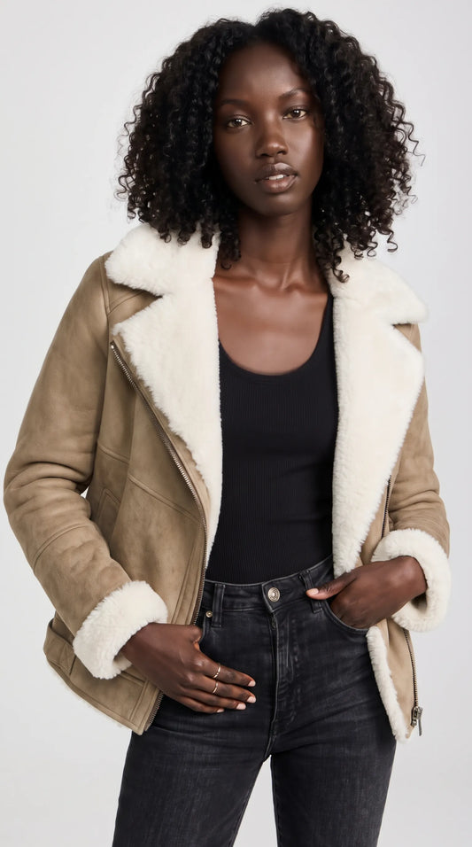 BEIGE SUEDE AVIATOR FLIGHT JACKET WITH SHEARLING