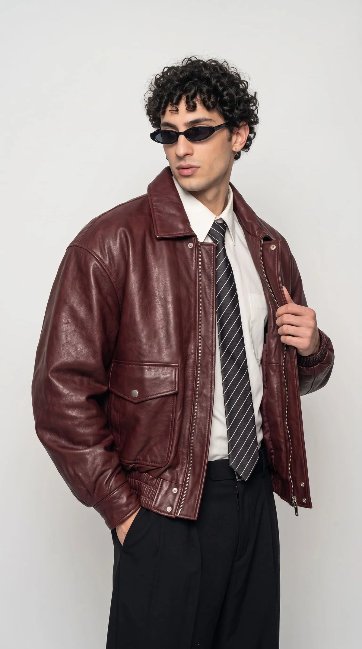 DARK RED LEATHER OVERSIZED BOMBER JACKET