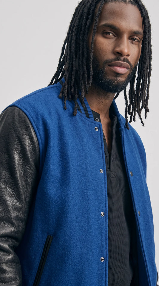 BLUE SUEDE & BLACK LEATHER VARSITY JACKET
