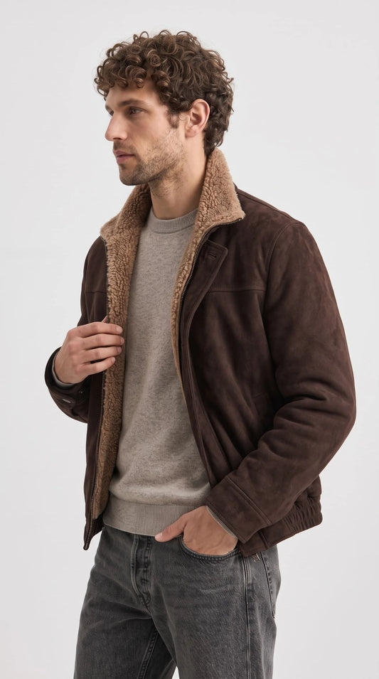 DARK BROWN SUEDE JACKET WITH BROWN SHEARLING
