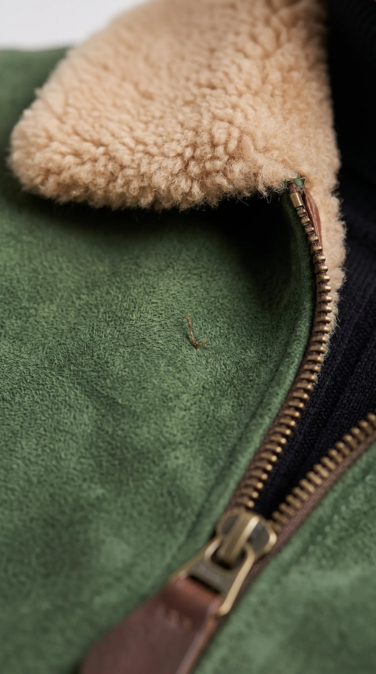 OLIVE GREEN SUEDE AVIATOR JACKET WITH CREAM SHEARLING